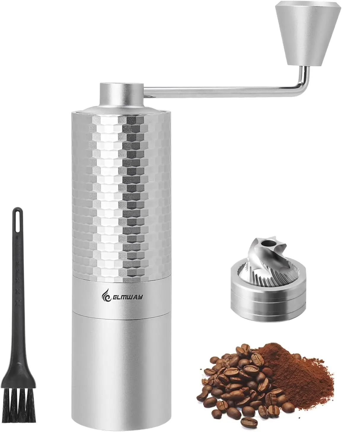 

Manual Coffee Grinder with Metal Body, Magnetic Handle, and Stainless Steel Burrs for Home or Travel Use