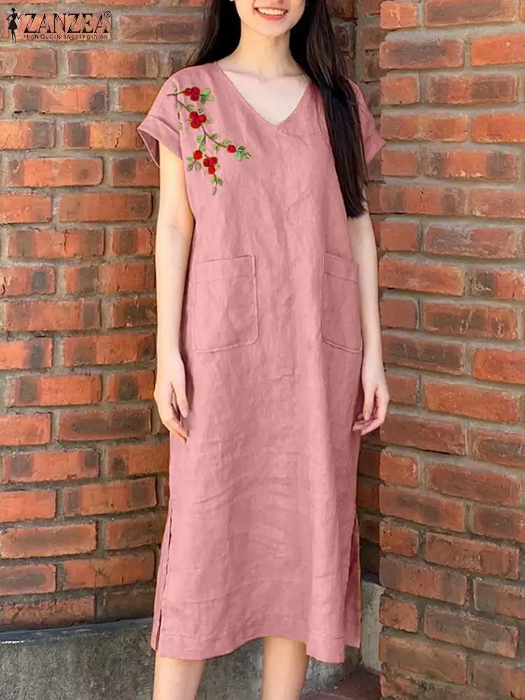 

ZANZEA Summer Fashion Floral Embroidery Sundress Woman Short Sleeve V-Neck Dresses Casual Holiday Vestidos Vintage Solid Dress