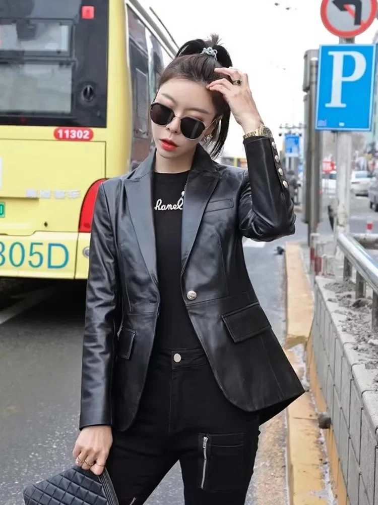 New Designer Office Ladies Back Hollow Out Button Slim Fit Blazer Work Suit Coat Women Natural Sheepskin Genuine Leather Jacket