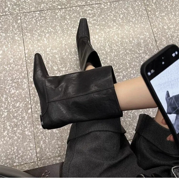 Cowhide Edition~ New Pointed Retro Fashion Boots, Loose Shaft Knight Boots, Versatile Slimming Mid-Calf Short Boots