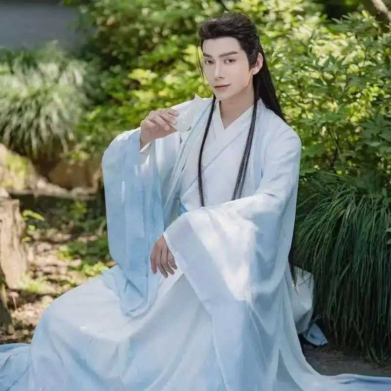 

Ancient Chinese Hanfu Dress Set Men Women Wijin Period Cross Collar Costume Halloween Party Fairy Printing Cosplay Clothing
