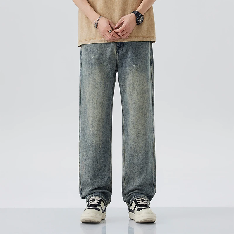 paint-splattered Men’s Wide Leg Jeans Vintage Loose Fit Baggy Straight Denim Pants Streetwear Retro Washed Trousers personality