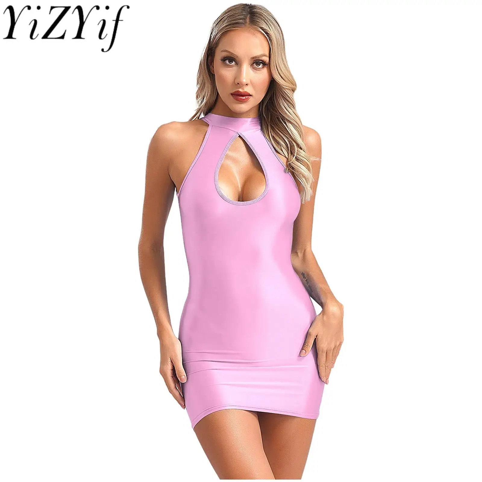 

Women Sexy Pencil Dress Halter Backless Glossy Micro Sheath Dress Hip Wrap Slim Fit Dress for Club Party Summer Daily Dress