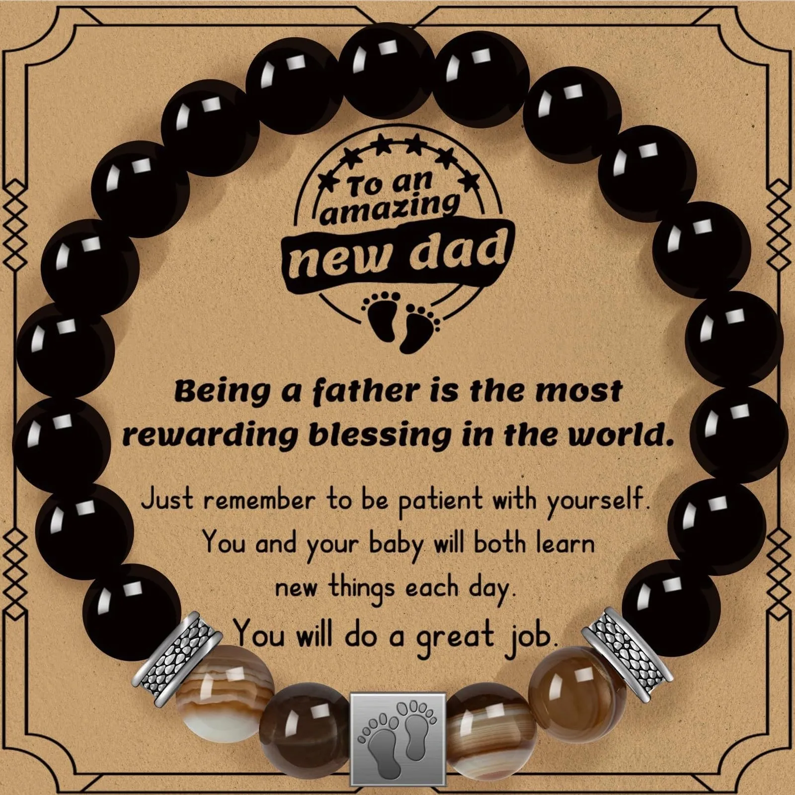Father's Day Gift Men's Obsidian Agate Stainless Steel Square Bead Bracelet, Handmade Beaded Jewelry