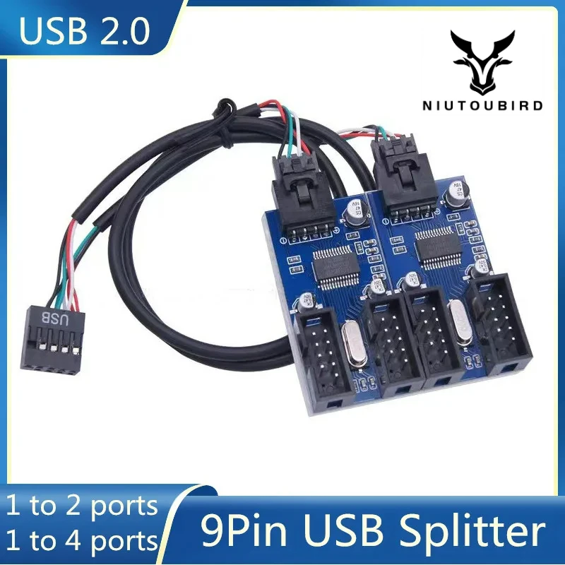 Répartiteur USB 9 broches pour carte mère, interface femelle, séparateur d'en-tête, 1 à 2, adaptateur de câble d'extension, 9 broches, 1 à 4 connecteurs HUB USB