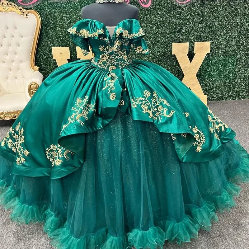 ANGELSBRIDEP-precioso Vestido De baile verde esmeralda, quinceañera, apliques De satén, escalonados, fiesta De baile De cumpleaños, 15 Años