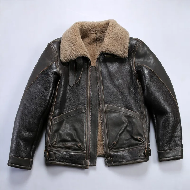 Fur coat for both men and women stone-ground leather with pockets thickened