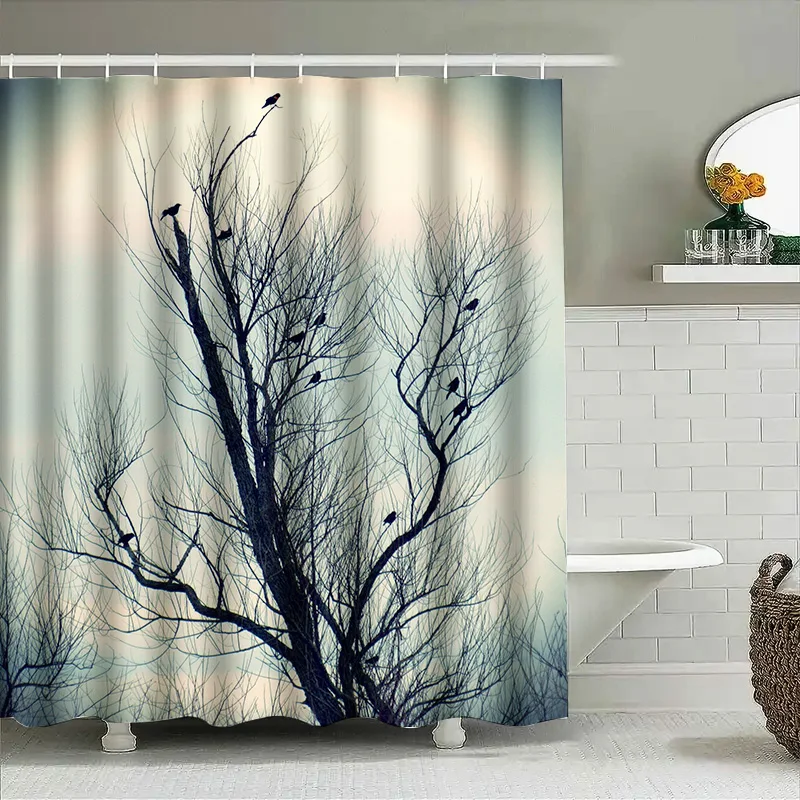 

Tuniu Black bare tree silhouette dark forest birds twilight grey shower curtain home decor wall art