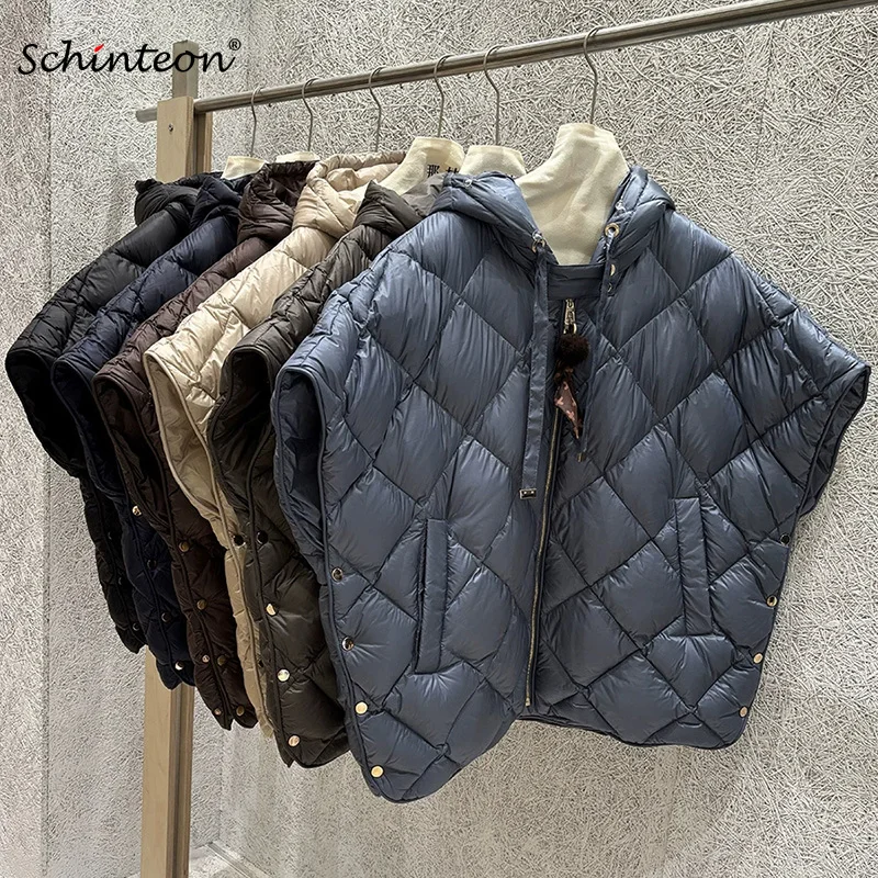 Schinteon Women's 90% White Duck Down Irregular Vest with Hood Argyle Sleeveless Jacket Fashionable Autumn Winter Cape 2026 New