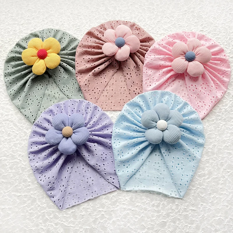 Lovely Flower Baby Hat Elastic Newborn Indian Cap Hollow Breathable Turban Baby Girls Hats Beanies Kids Infant Hair Accessories