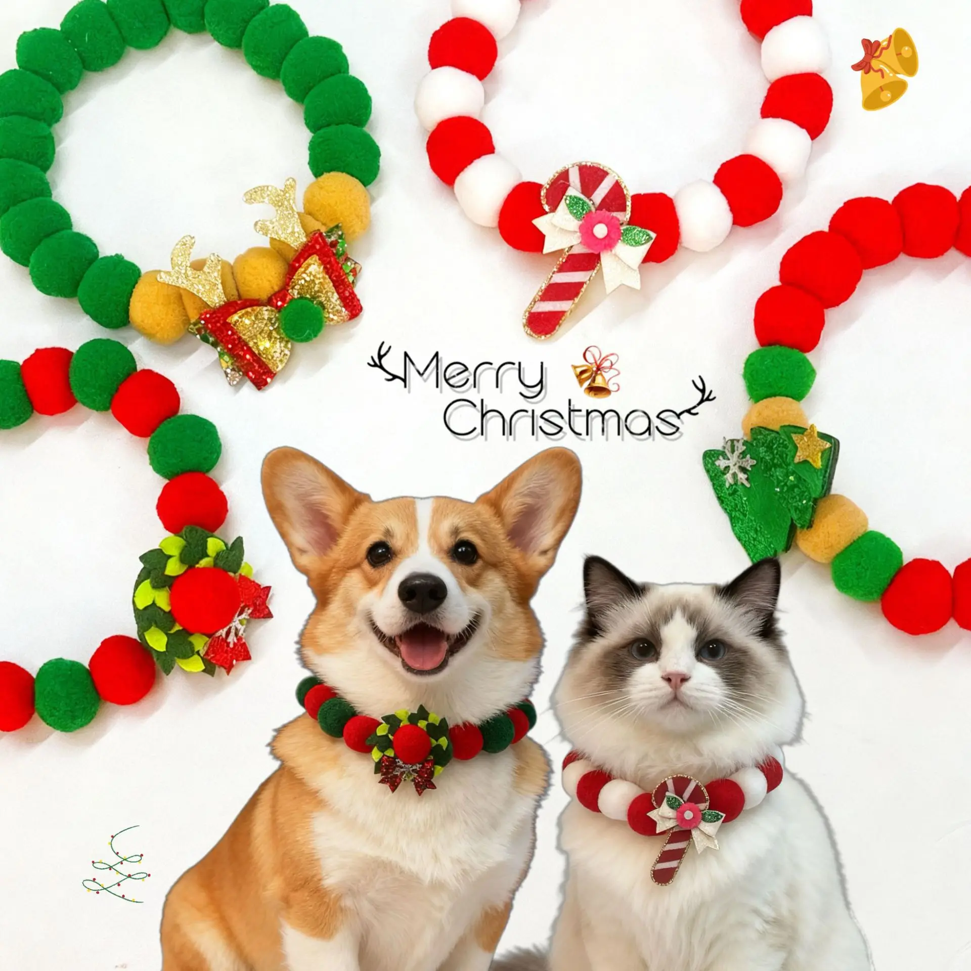 Weihnachts-Haustierhalsband mit Bommeln – Poms und festlichen Anhängern, elastisches Seil, festliches Accessoire für Hunde und Katzen, Urlaubsdekoration