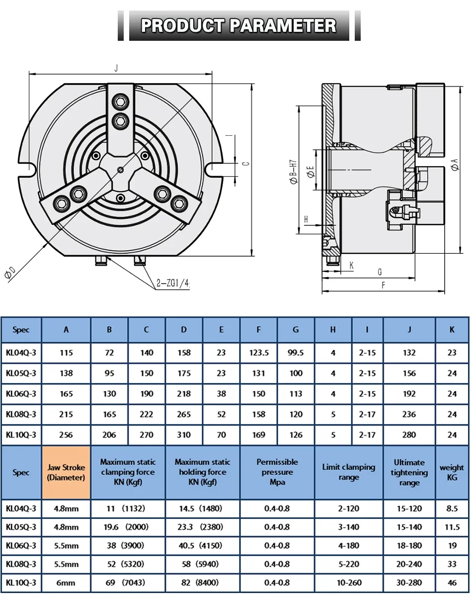 10 Inch  Boring Hole Pneumatic Chuck KL10Q-3 Power Chuck  for Milling  Machine