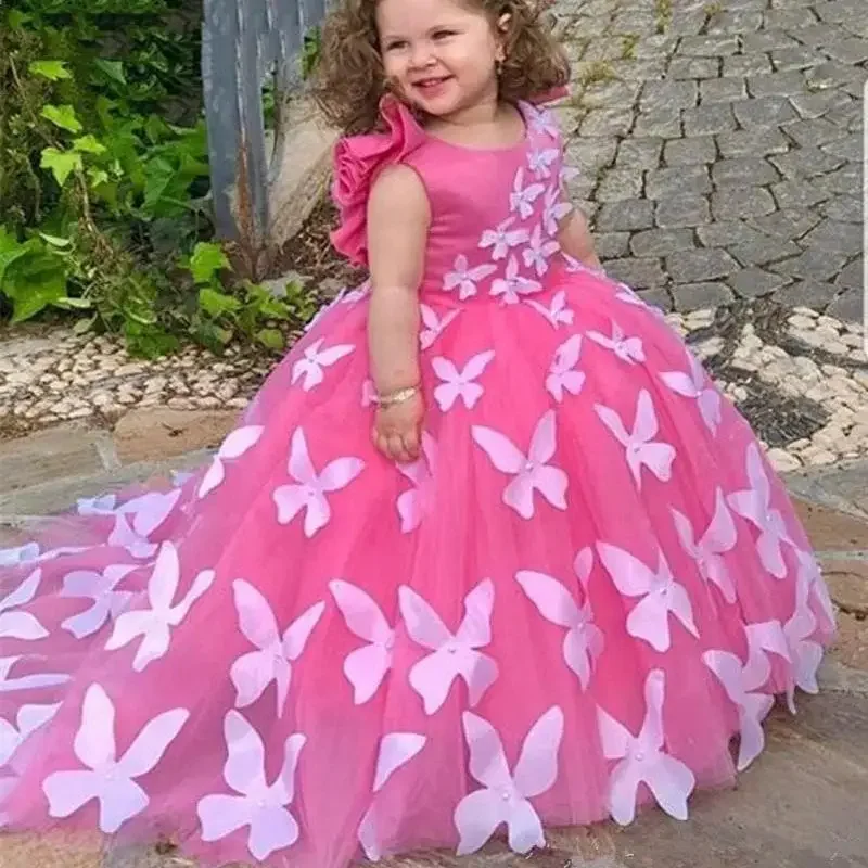 Flower Girl Butterfly Dress Children Dresses for Wedding Party Formal Ball Gown Kids Lace Long Evening Bridesmade Prom Clothing