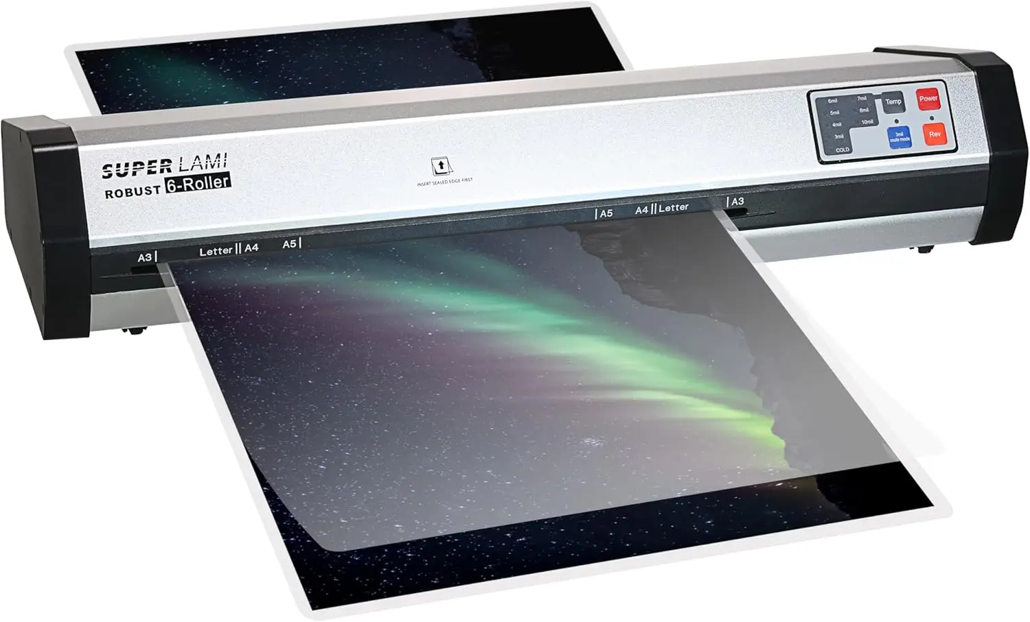 

13-Inch, 6-Roller Commercial Laminator, 3–10 Mil, 2-Min Warm-Up, 81 inches/min (9 sec/Page), Heavy Duty, Ideal for Schools, Offices & Print Shops