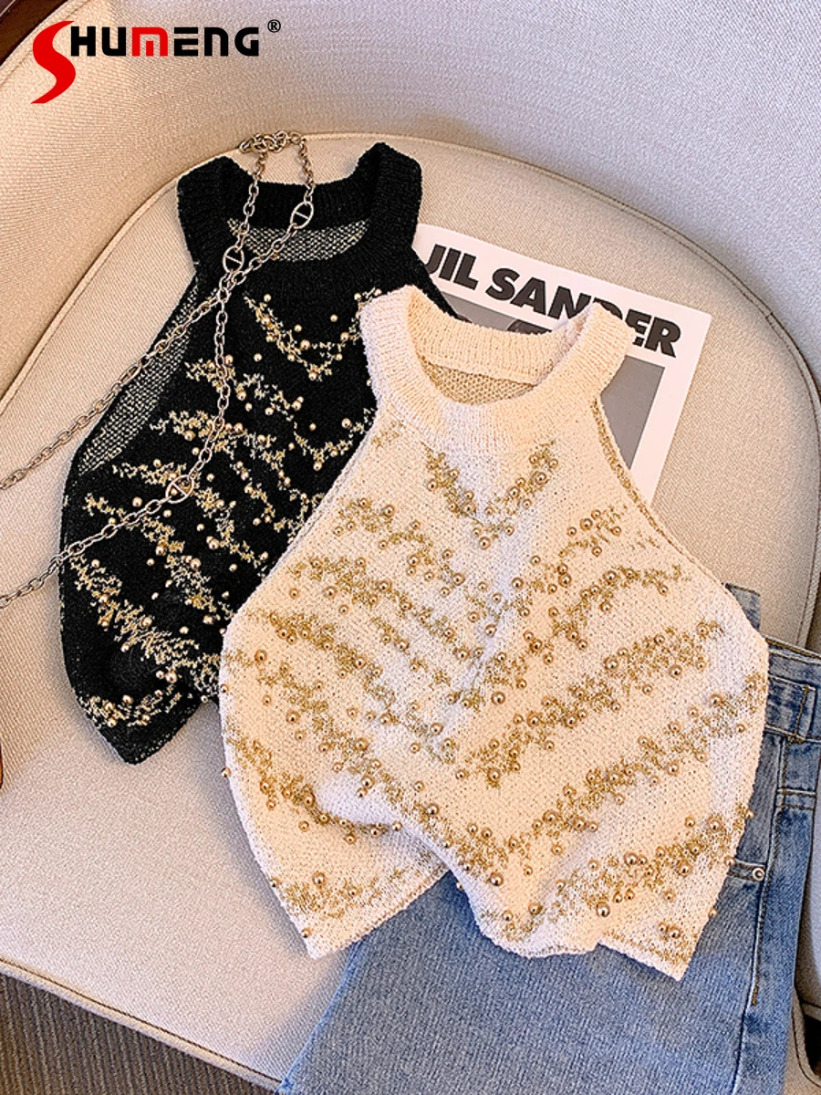 

Fashionable Knitted Vest Female Socialite Temperament Rhinestone Design Short Outerwear Top Sleeveless Solid Color Clothes