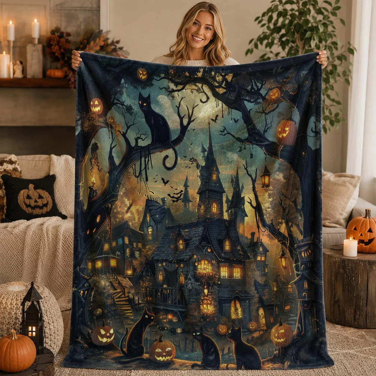 Halloween Decor Blanket: Cozy Fall Throw (Velveteen or Sherpa Fleece)