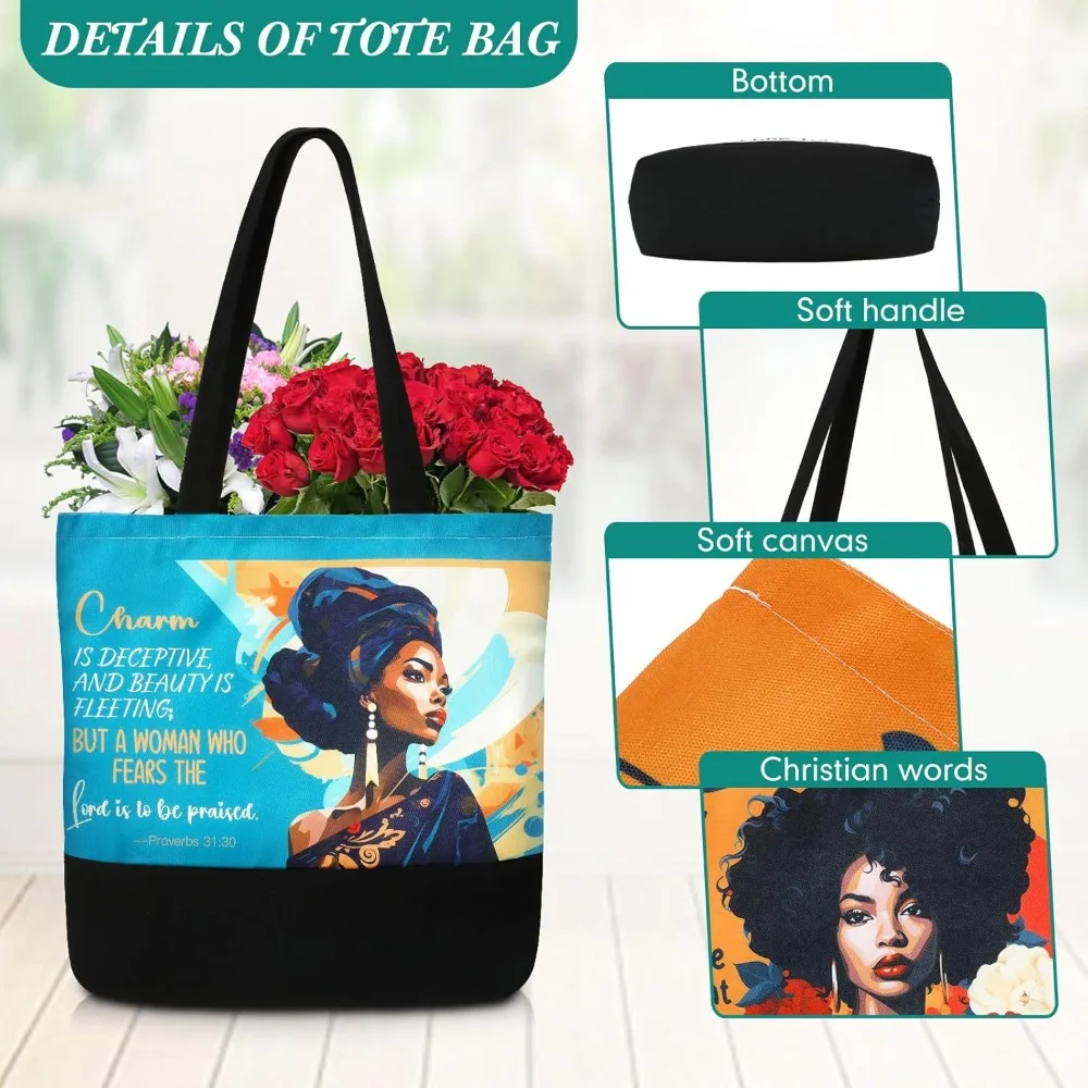 กระเป๋าผ้าแคนวาสคริสเตียนสำหรับผู้หญิง - กระเป๋าถือลายศาสนาแอฟริกันอเมริกัน เหมาะสำหรับเป็นของขวัญและการใช้งานในชีวิตประจำวัน