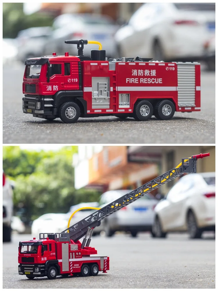 Motor de Bomberos de 7 pulgadas, coche de rescate urbano, simulación exquisita, troquelada y vehículos de juguete, caballos dobles, 1:50, modelo de camión de aleación