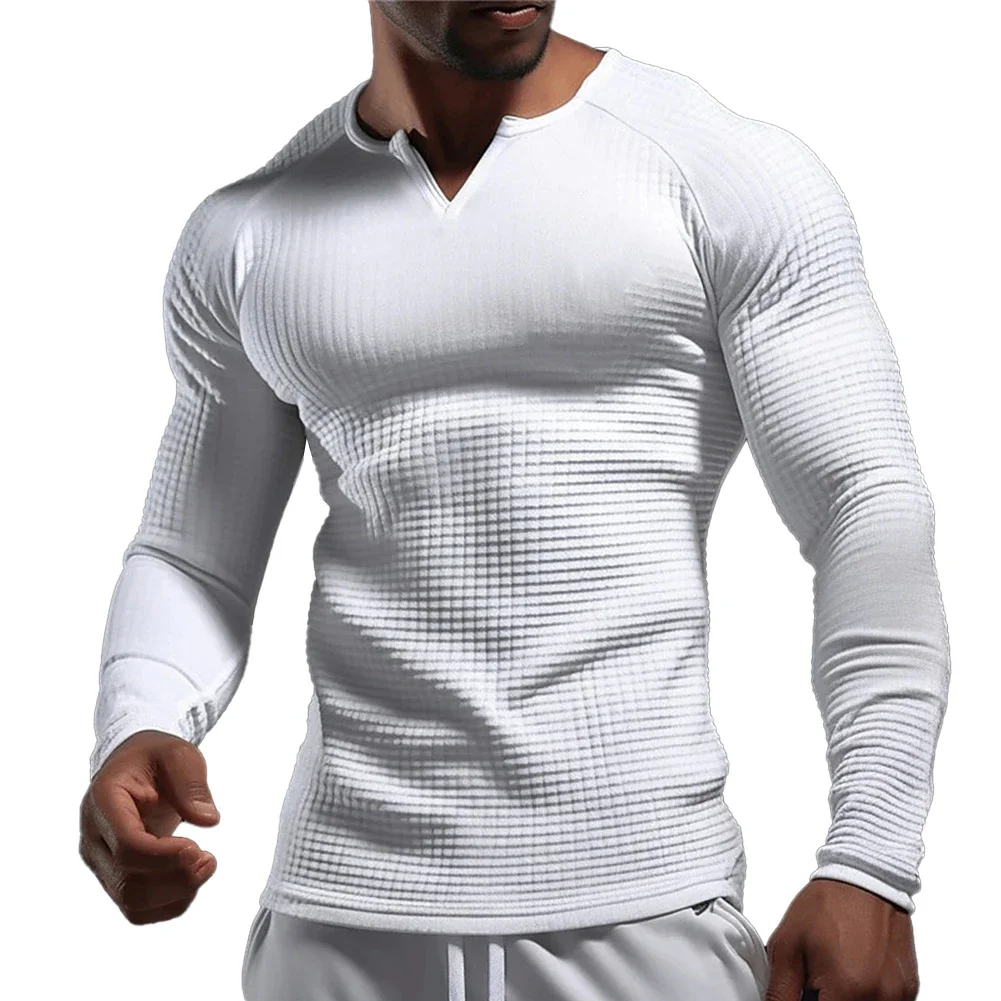 Top de poliéster masculino manga longa, waffle, com nervuras, regular, monocromático, casual, completo, avô, alta qualidade, músculo