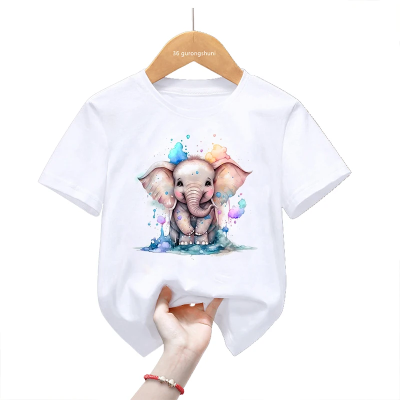 Cute Elephant Animal Print Tshirt Girls/Boys Kawaii Kids Clothes Panda/Monkey/Giraffe/Llama/Koala T Shirt Summer T-Shirt Female