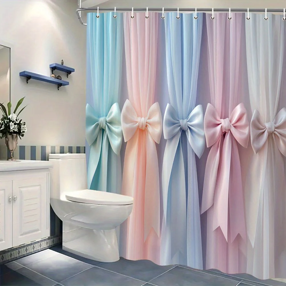 

1pc Pastel Draped Polyester Shower Curtain with Large Matching Bows - Elegant Silky Texture in Light Blue, Peach, Pale Pink, Lav