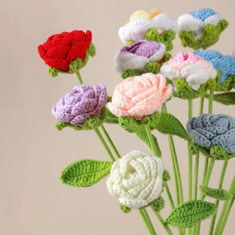 6pcs Multi-color DIY Knitting Bouquet Rose Flower Bouquet Hand-Knitted Fake Flowers Knit Flower Desktop Crochet Floral Bouquet