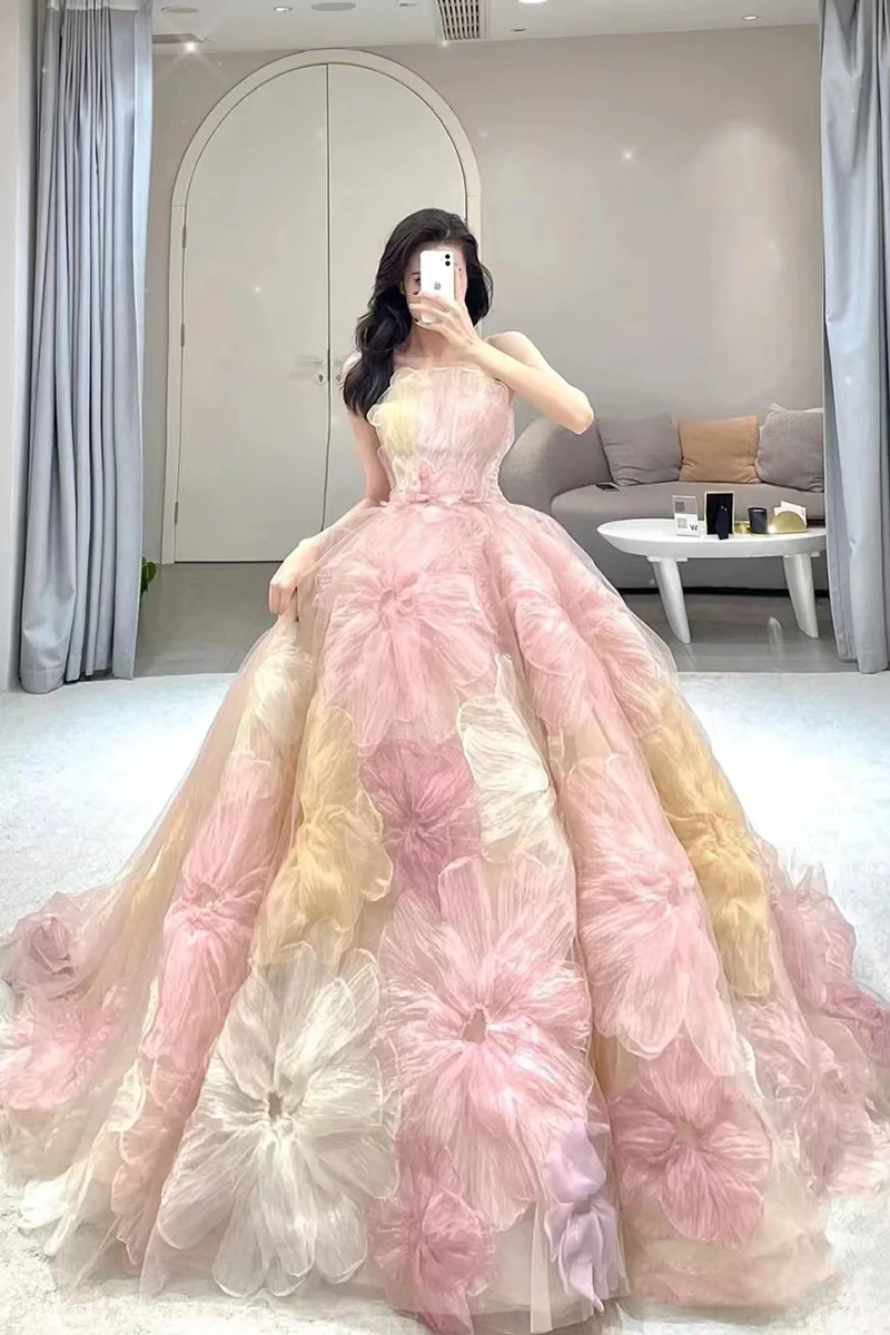 Pink Romantic Floral Glitter Wedding Dress For Bride Princess Sleeveless Elegant Luxury Celebrity Evening Gown Travel Party Gown