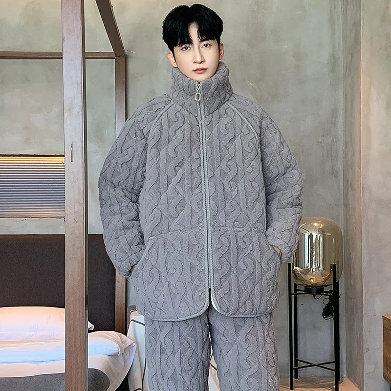 2 Pieces Set Flannel HomewearFor Men 2026 New Zipper Home Clothes Plus Size L-3XL Thicken Nightwear Young Boy Warm Pj