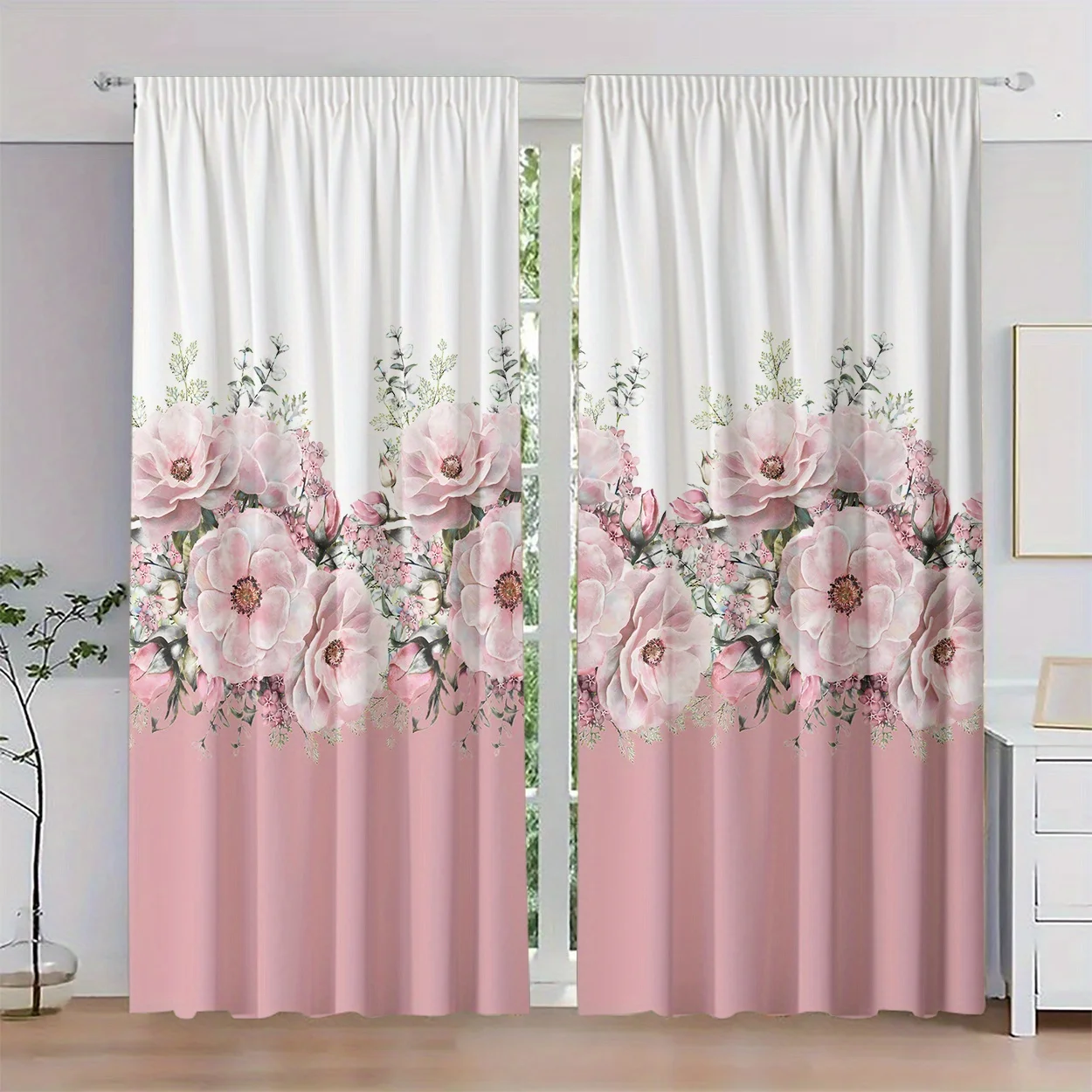 Romantic Pink Rose Floral Blackout Curtains - Watercolor Flower Print Window Drapes for Bedroom Living Room Wedding Decor