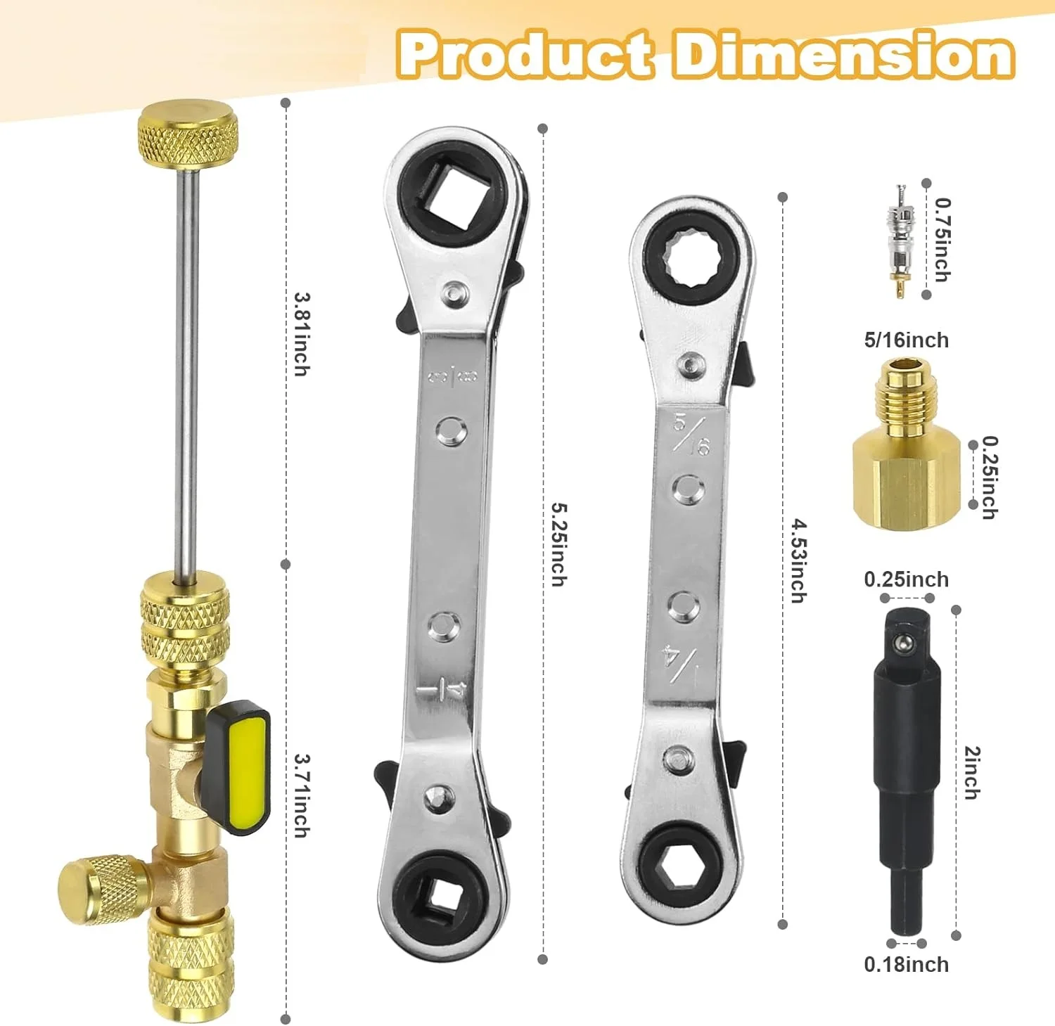 16pcs/set Valve Core Remover Installer Tool HVAC Service Ratchet Curved Wrench Hex Bit Adapters 3/16\