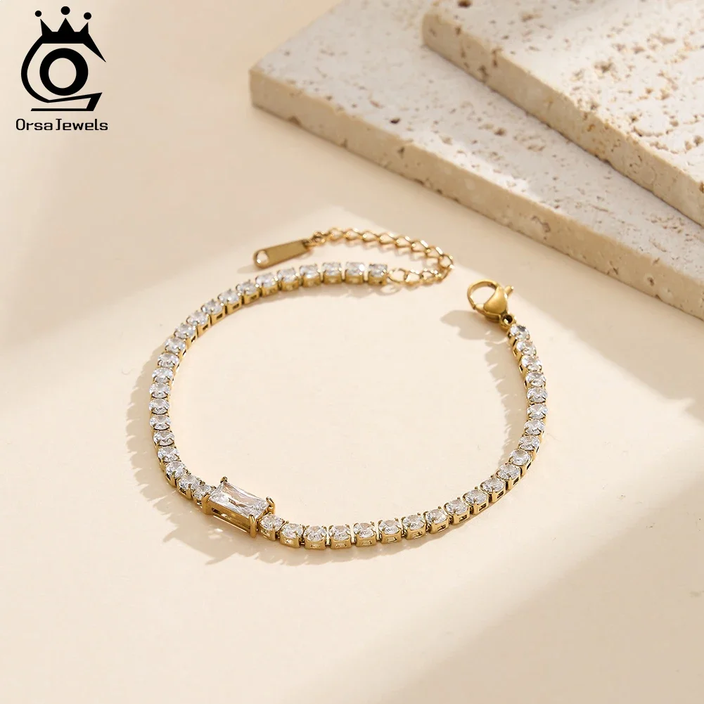 

ORSA JEWELS Stainless Steel Brilliant 3mm Zirconia Tennis Chain Bracelets for Women Fashion CZ Wristband Jewelry Gifts STKB09