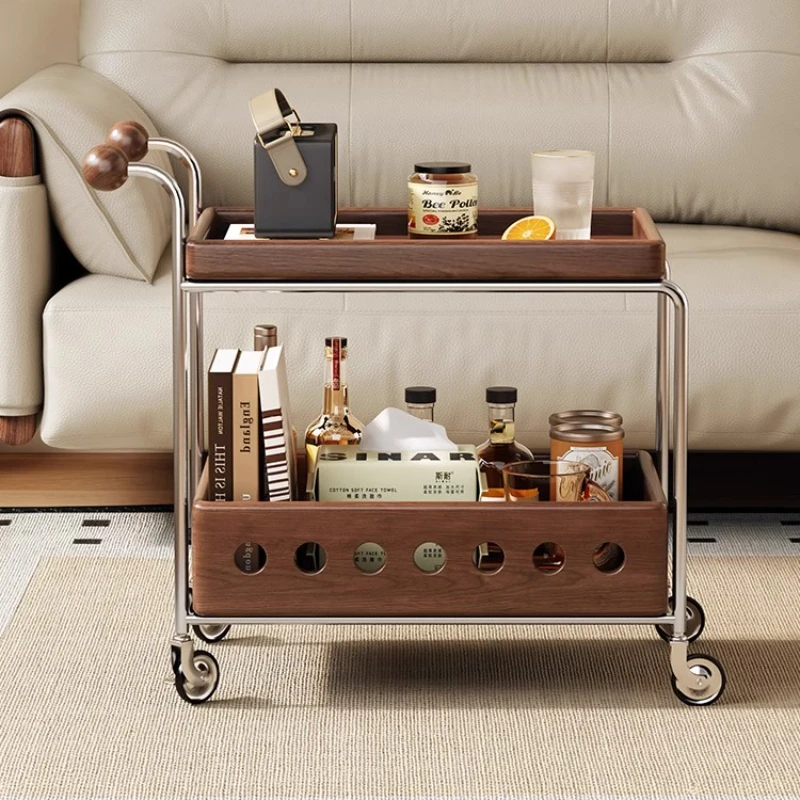 

North American black walnut cart living room small apartment storage rack movable solid wood coffee table