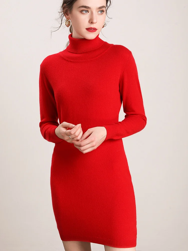 جديد الخريف الشتاء الياقة المدورة المرأة 100% سترة الكشمير المعنقة موضة أنيقة لينة الدافئة مريحة محبوك سليم صالح فستان الكشمير