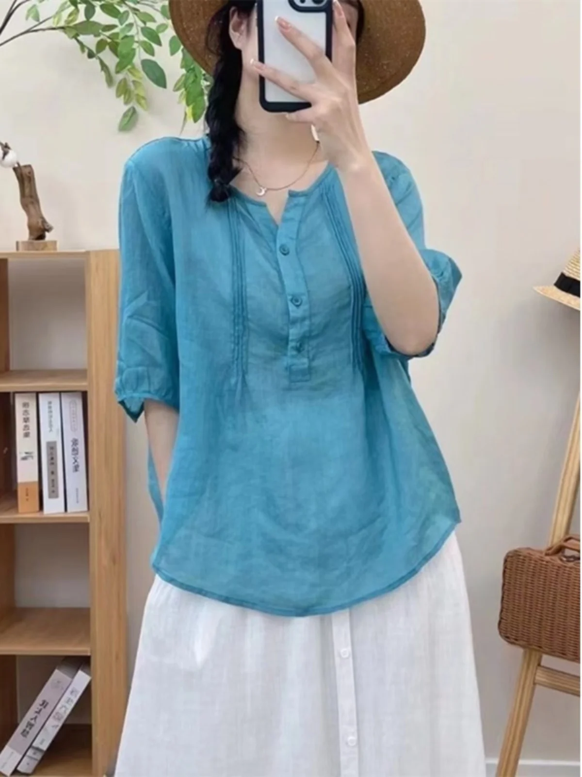 

Ele Accordion Pleat Linen ort Sve irt Женская летняя художественная повседневная легкая хлопково-льняная футболка Топ