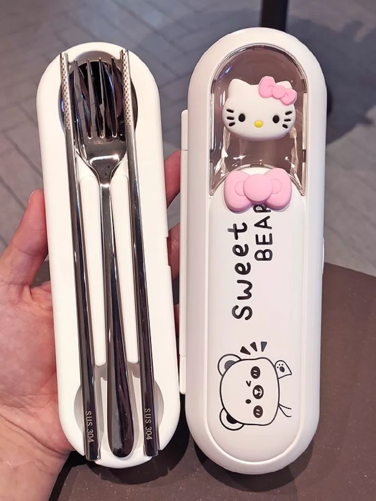 سانريو كورومي لطيف أنيمي المحمولة أواني الطعام شوكة ملعقة عيدان مجموعة أدوات المائدة الأسرة أداة تخييم أدوات المطبخ اكسسوارات