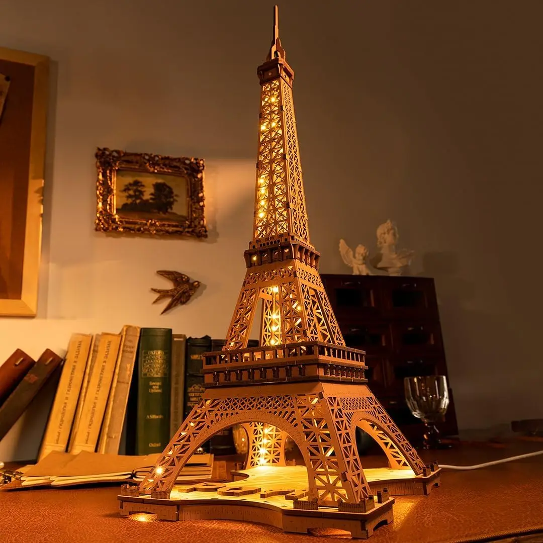 Robotime Eiffel Tower Craft Kit 3D Puzzle DIY Model Building Kit with LED Light Brain Teaser Gifts for Kids Teens Adult