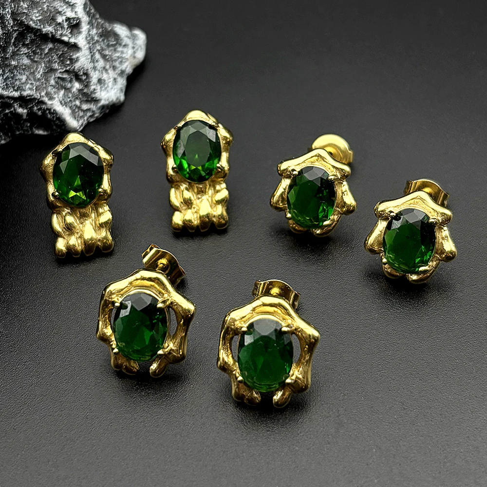 Vintage Gold Color Stainless Steel Green Glass Geometric Stud Earrings for Women Men Irregular Ear Studs Statement Jewelry Gift