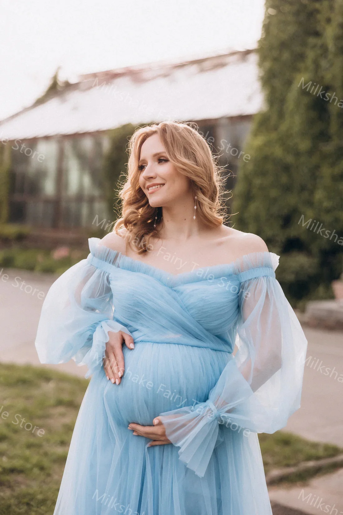 Off Shoulder niebieskie szaty ciążowe do fotografii Ruffles długie rękawy damskie sukienki długość do herbaty dostosowane suknie na Baby Shower