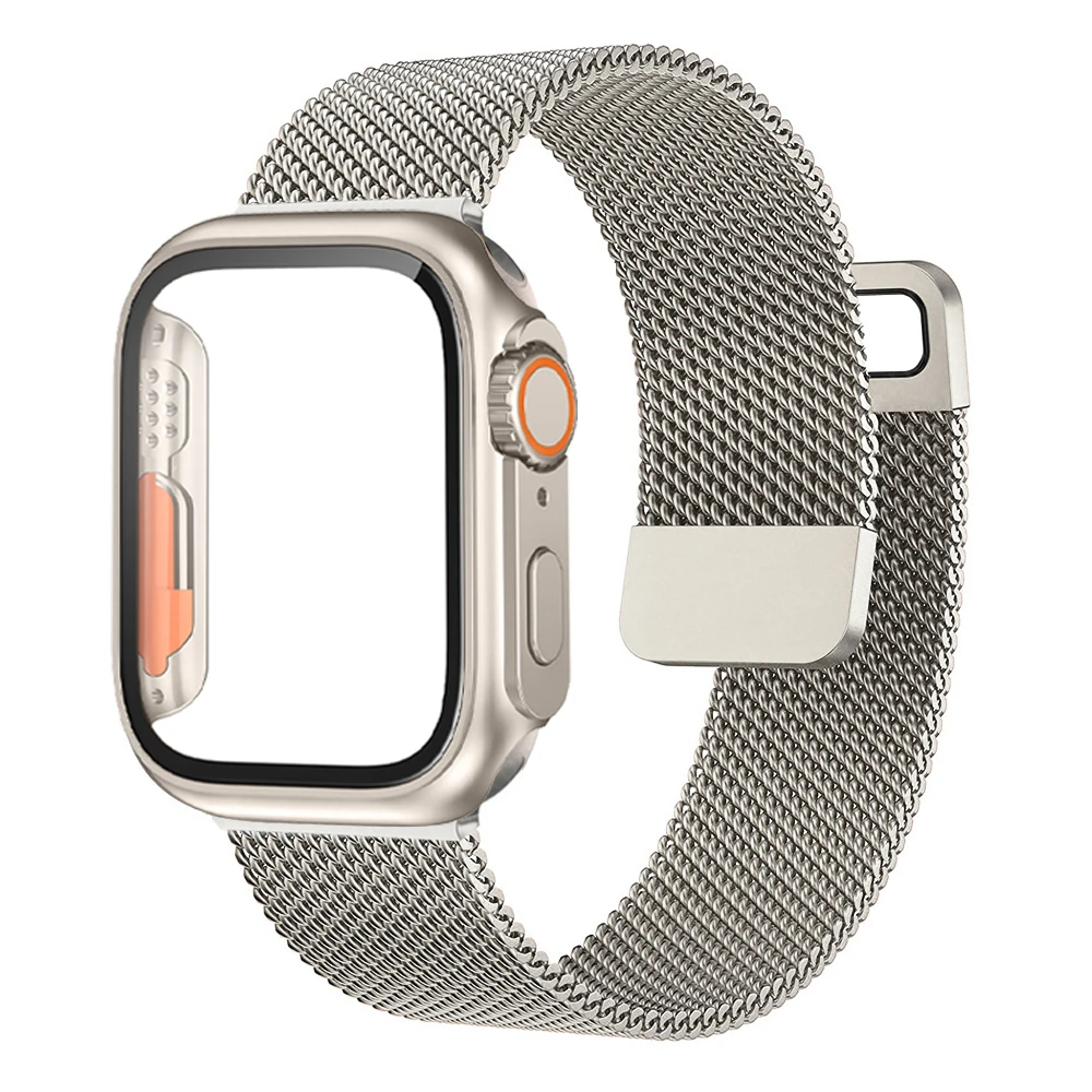 Glass+Case+Strap For Apple Watch Band 44mm 40mm 45mm 41mm 49mm cover+Milanese Loop Bracelet Correa iWatch series 7 se 6 8 ultra