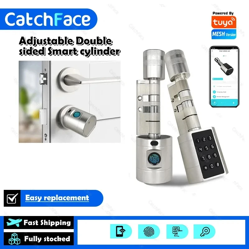 Catchfcae New Adjustable Replacement Tuya APP Fingerprint Cylinder Electronic Smart  Door Lock Digital Keypad Code Keyless