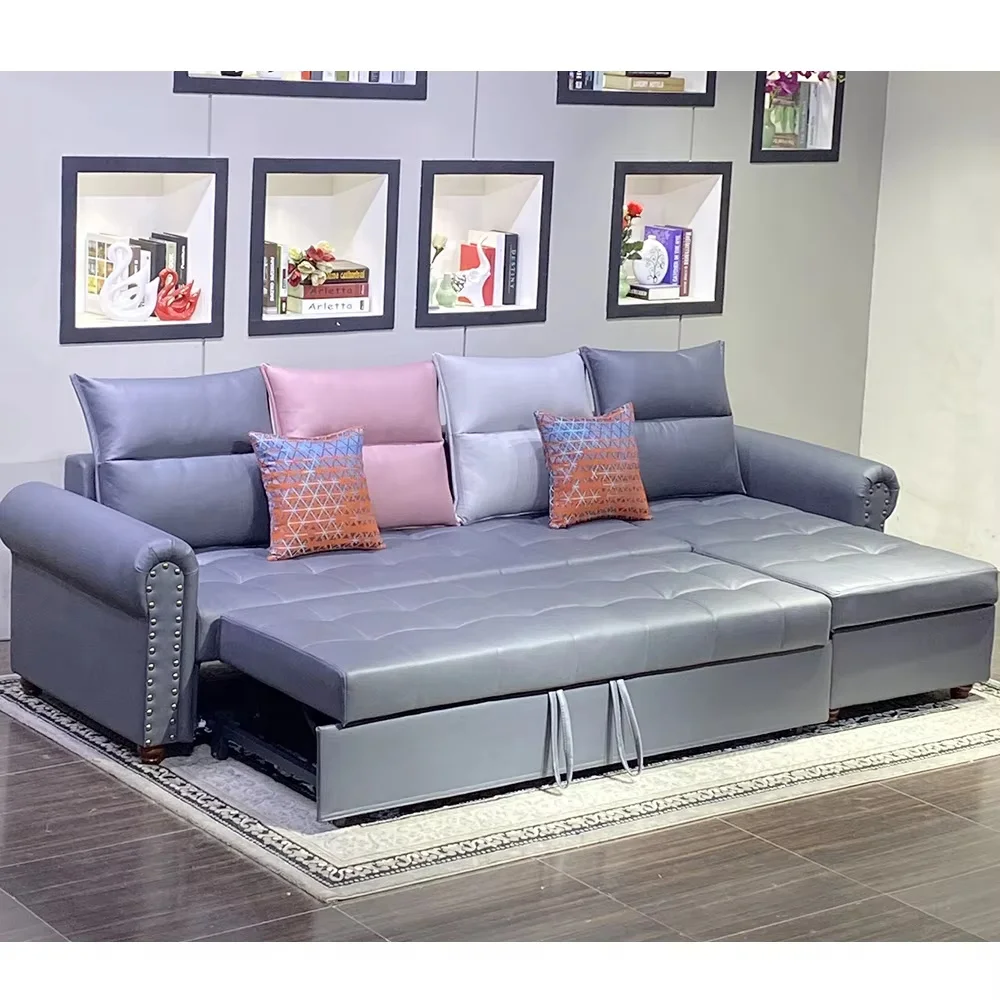 Comfortable sofa bed leather sofa bed Nordic style folding wooden living room sofa fabric cover modern