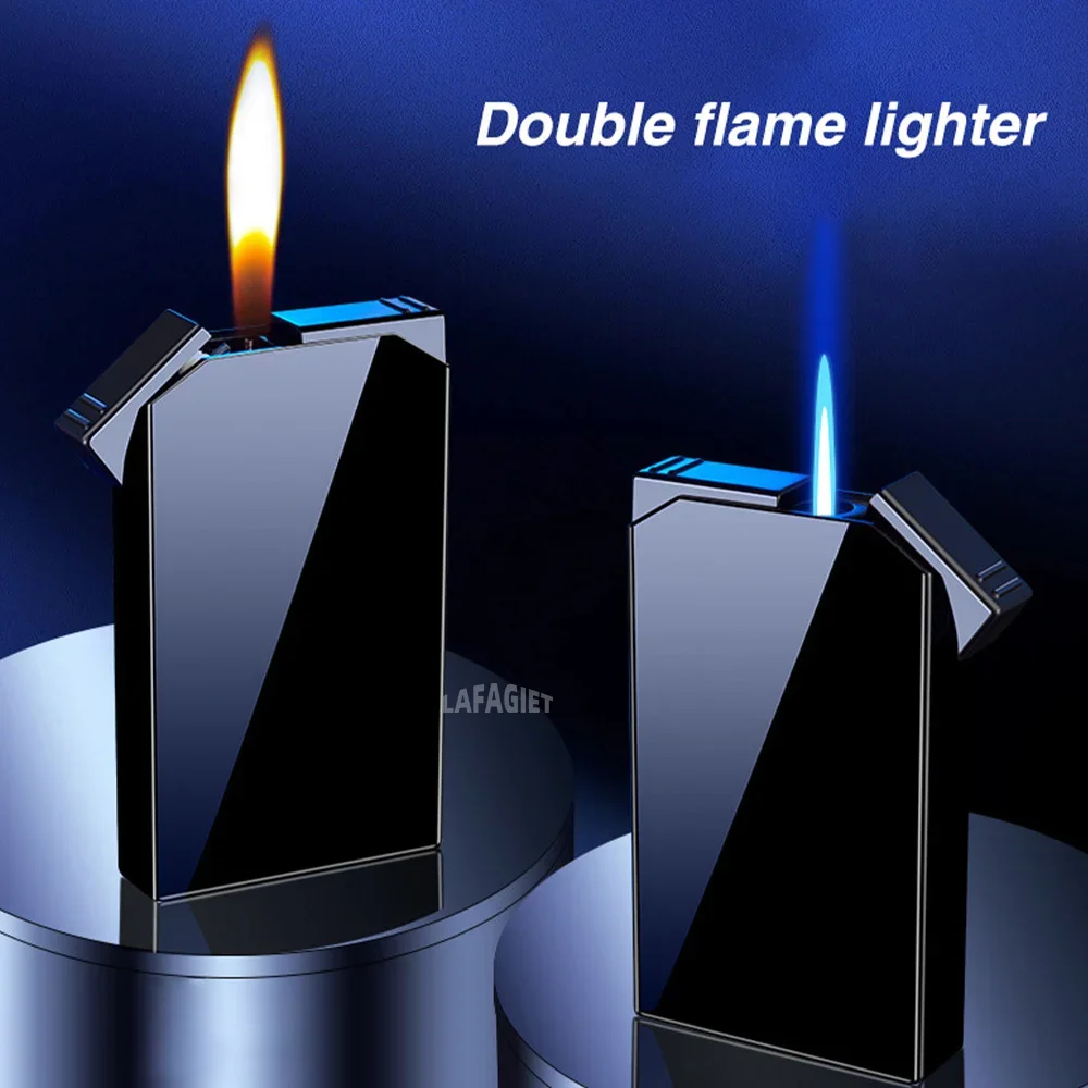 Dual Flame Butane Gas Lighter Outdoor Windproof Blue Fire Turbo Jet Flame Cigar Lighter Gradient Creative Men Smoking Gadgets