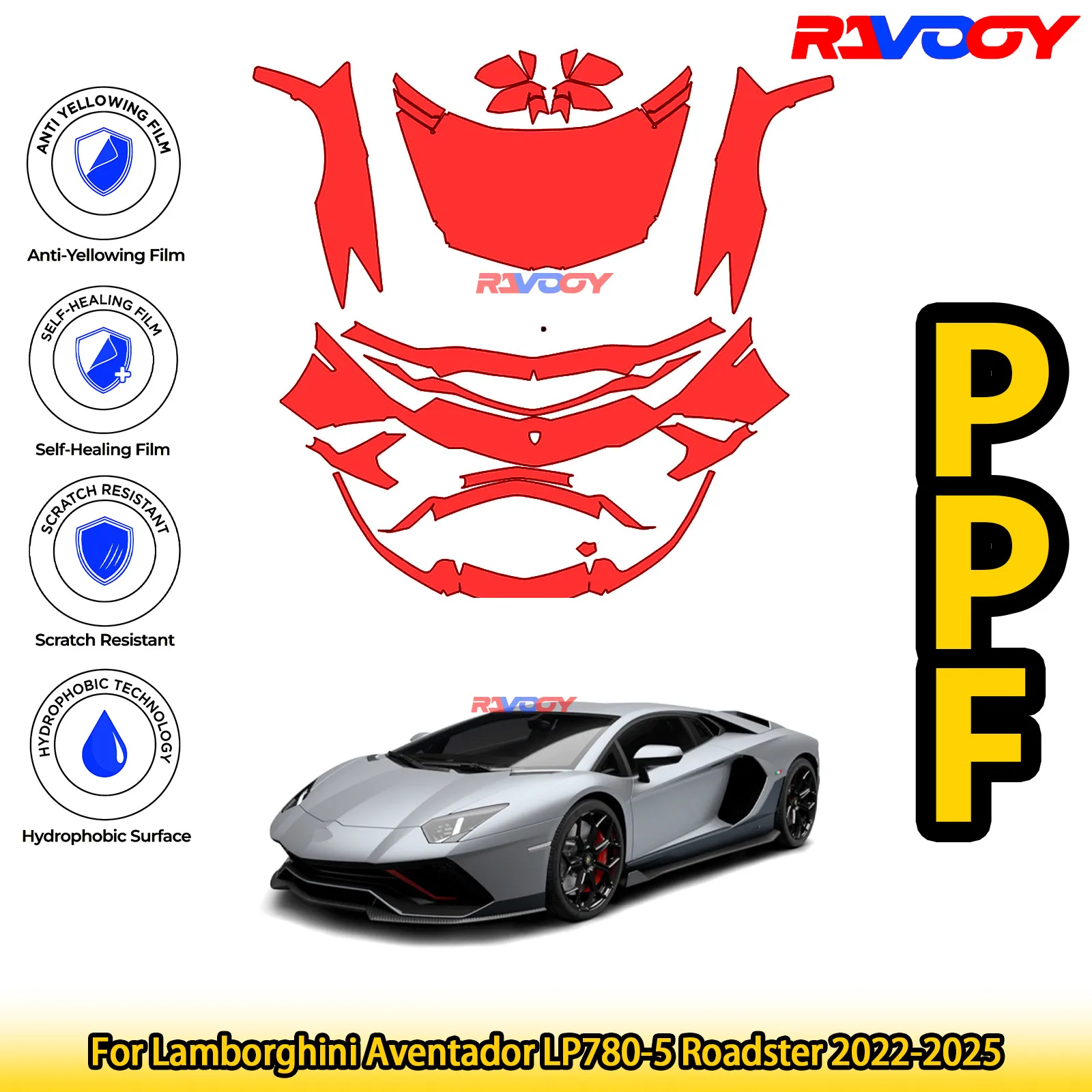 لامبورغيني افينتادور LP780-5 رودستر 2022-2025 لامع أسود غير لامع قبل قطع الجبهة PPF عدة طبقة حماية الطلاء