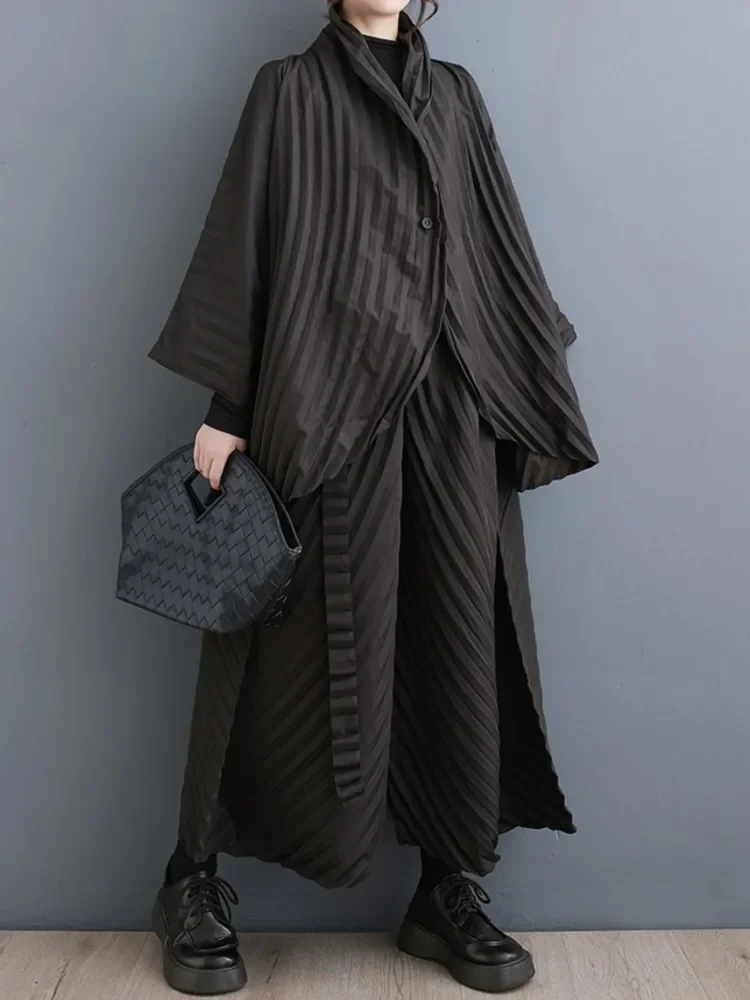 Primavera oversize 2 Set da due pezzi Donna Camicie da donna a maniche lunghe a righe irregolari Top Pantaloni da donna a pieghe larghe a gamba larga