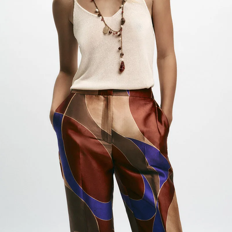 سراويل حريرية مطبوعة غير رسمية جديدة لخريف 2025 تصميم بسيط ساق مستقيمة l الخصر مواد أخرى 00% مطبوعة #5