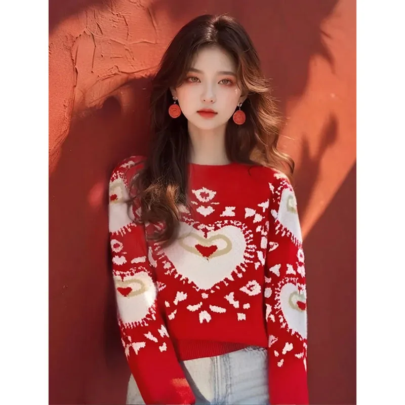 Christmas Red Heart-Shaped Sweater for Women NEW 2025 Spring Autumn Knitted Sweater Girlfriend Coat Pullover Top Pull Femme