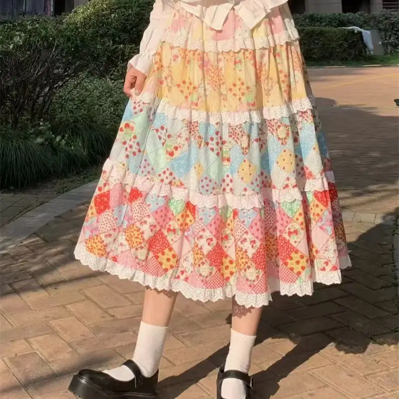 2024 New Spring and Autumn Japanese Lolita Sweet and Cute High Waist Fragmented Flower Spliced Lace Women\'s Mid Length Dress