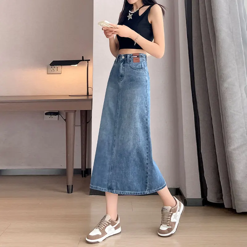 Korean Version of High Waist Slit Denim Skirt, Ladies Spring and Fall Retro Straight Leg A-line Half Body Long Denim Long Skirt