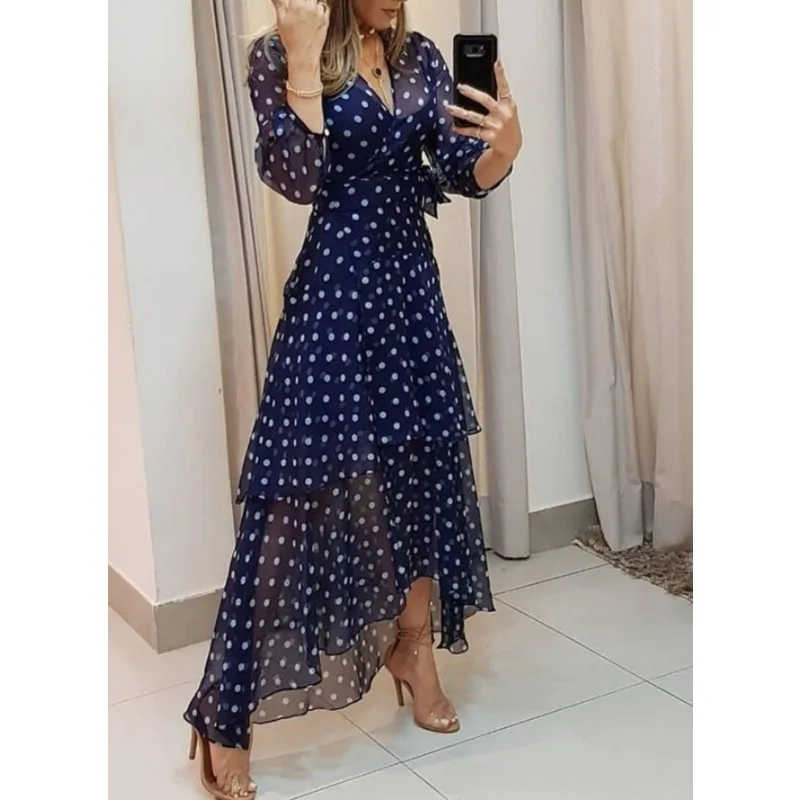 

Women's Casual Polka Dot Asymmetric Printed Long Dress Temperament Commuting Spring Autumn Female Fashion Elegant V-neck Dresses