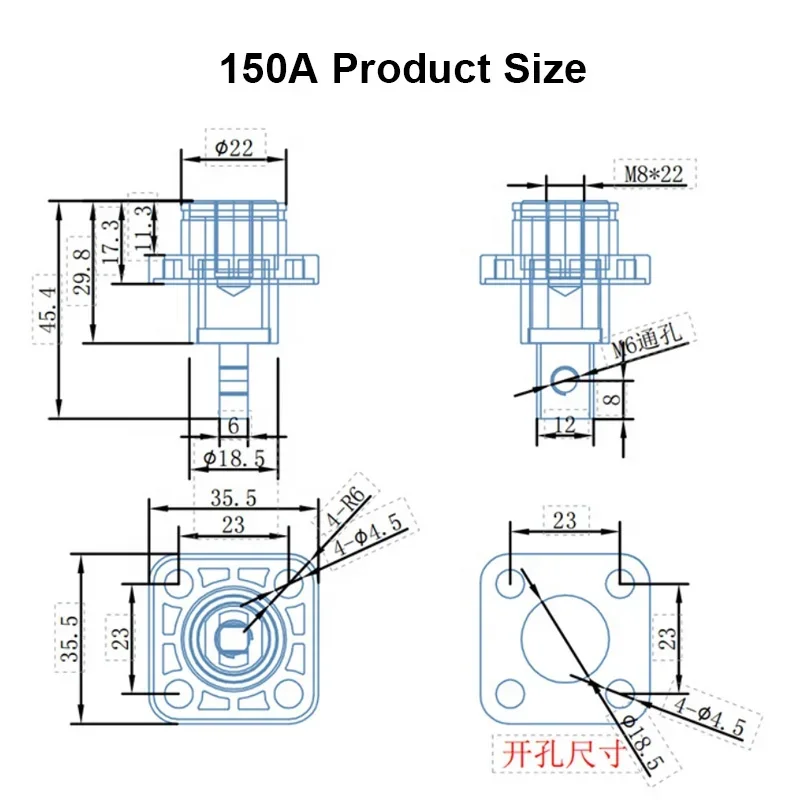 150A Square High Current Terminal Block Wall Mounted Energy Storage Connector for Lithium Battery Female/Male Target